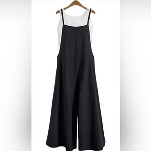 Women Casual Loose Long Bib Pants Wide Leg Baggy Cotton Overalls with Pockets